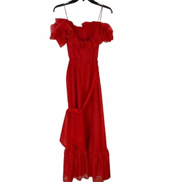 Vintage off shoulder red ruffle tie waist dress - Picture 3 of 4